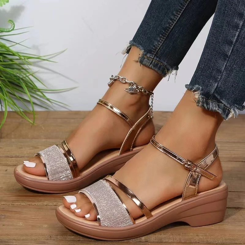 Gold Silver Platform Sandals Women 2023 Summer Thick Heeled Wedges Sandals Woman Plus Size 43 Ankle Strap Gladiator Sandalias