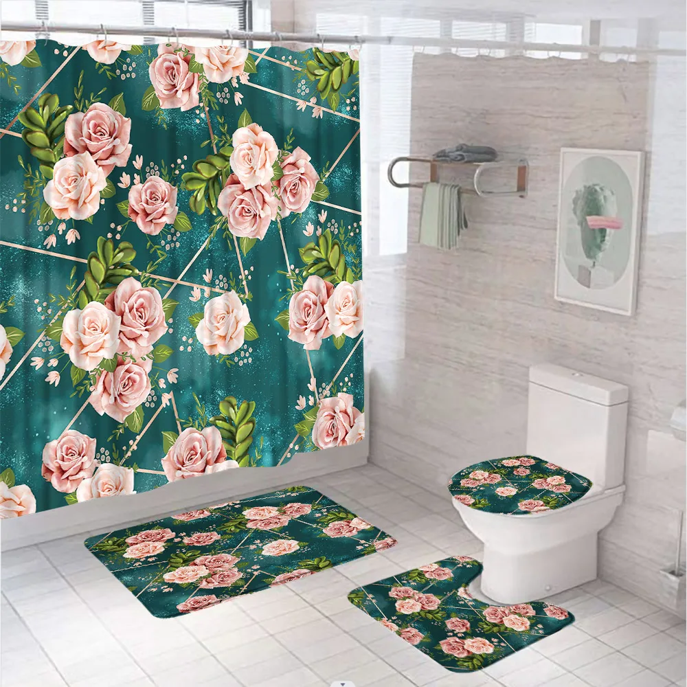 

Pink Roses Flower Shower Curtain Set Bath Mat Toilet Lid Cover Non-Slip Rug Blossoming Floral Waterproof Cloth Bathroom Curtains