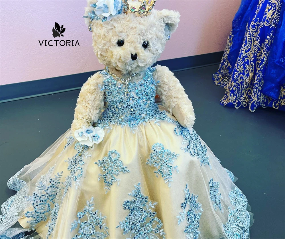 

Amazing Blue Lace Applique Champagne Personalized Quinceanera Teddy Bear Dress Sweetheart Lace Flowers Appliques Crystals Beads