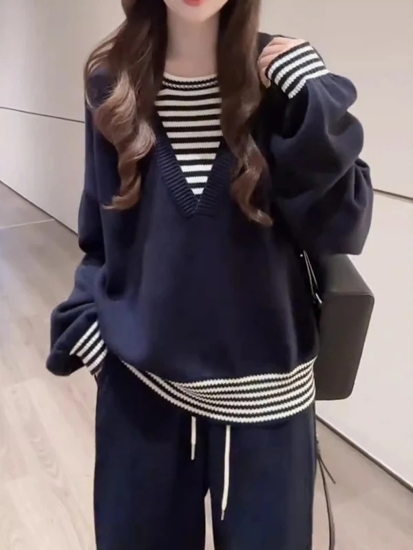 

Korean Lazy Sle Color Blo Striped Contrast Knitwear Women's Loose Sweater Autumn Winter New Arrival Warm Thiened Long S...