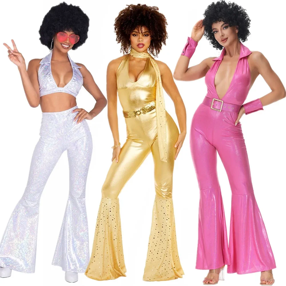 Women Sexy 80's Hippies Costumes Adult Retro 70's Rock Disco Outfits Cosplay Halloween Party Fancy Costume