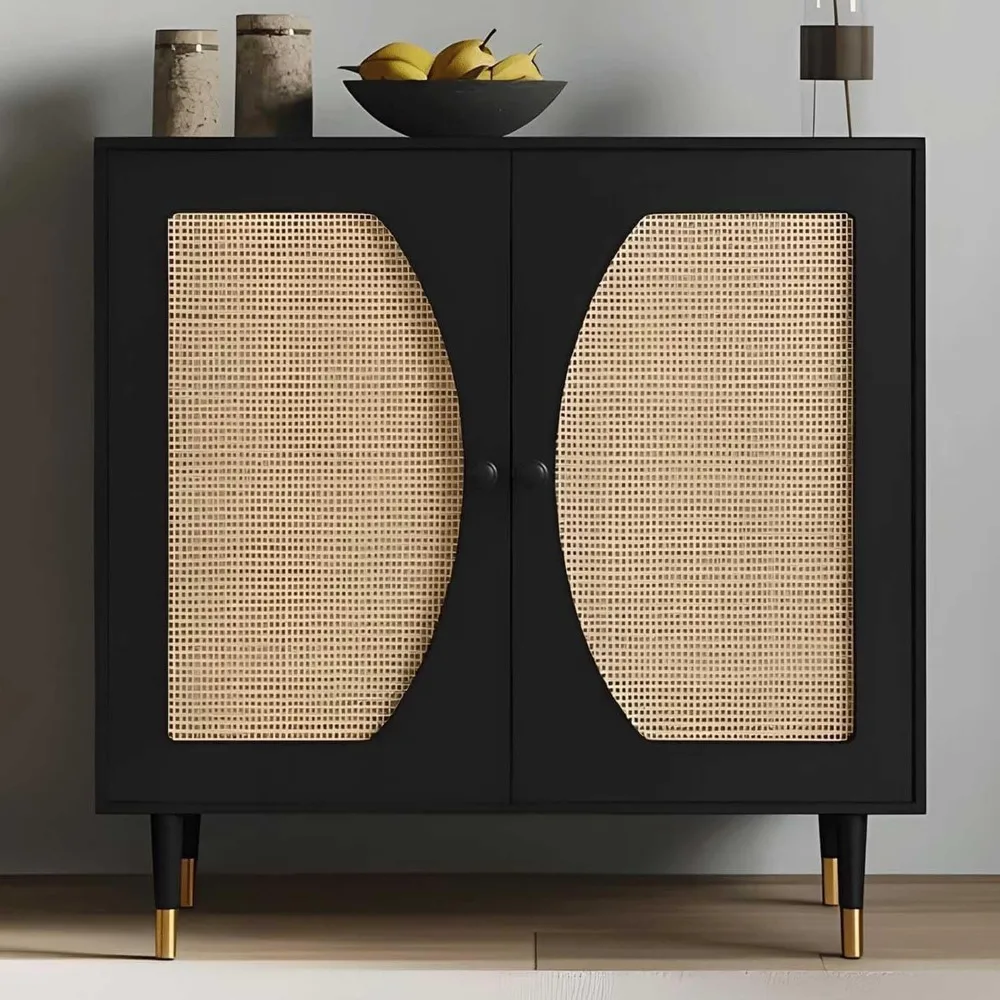 

Rattan Buffet Cabinet with Storage, Black Sideboard Cabinet with Rattan Decor Doors, Buffet Table with Storage, Black Console T
