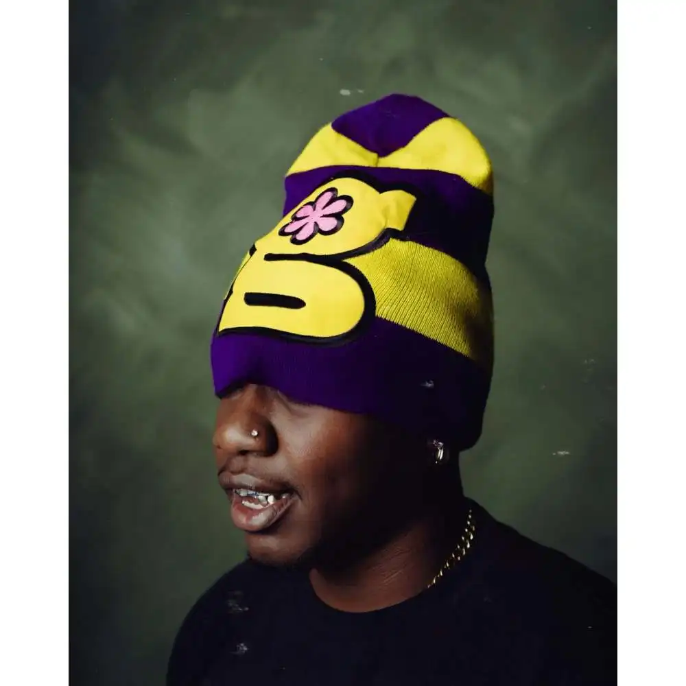 Y2K Color Block Knit Beanie Winter Hat Ear Shape Design with Letter F Embroidery Multicolor Patchwork Hip Hop Streetwear Skull C
