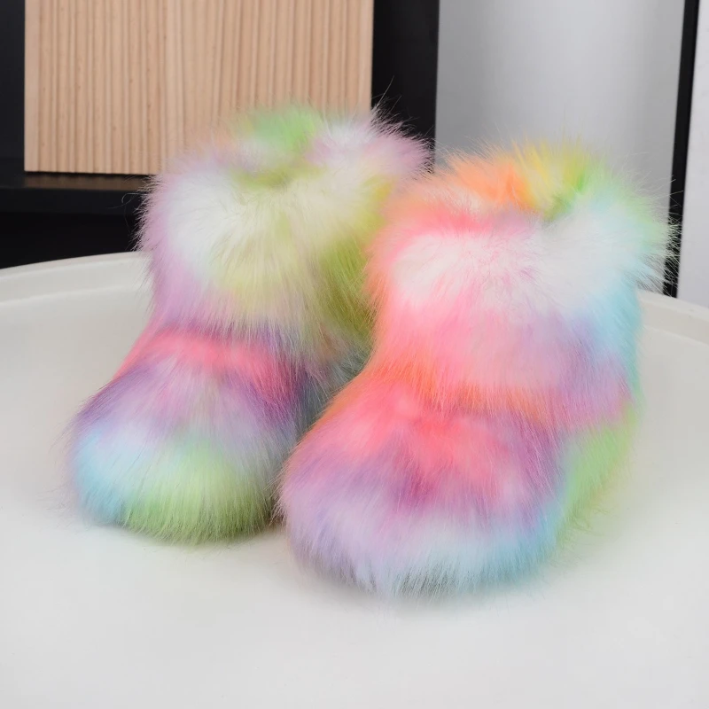 Winter Kids Snow Boots New Toddler Short Boots Fashion Colorful Fluffy Plush Children Mid-calf Boot Warm Girls Boys Cotton Shoes