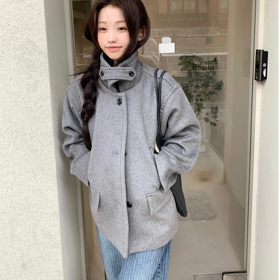 

ay Woolen Coat Women's Autumn Winter High Collar A-Line Chic Design Versatile Long Sve Commute Sle Chinese Production