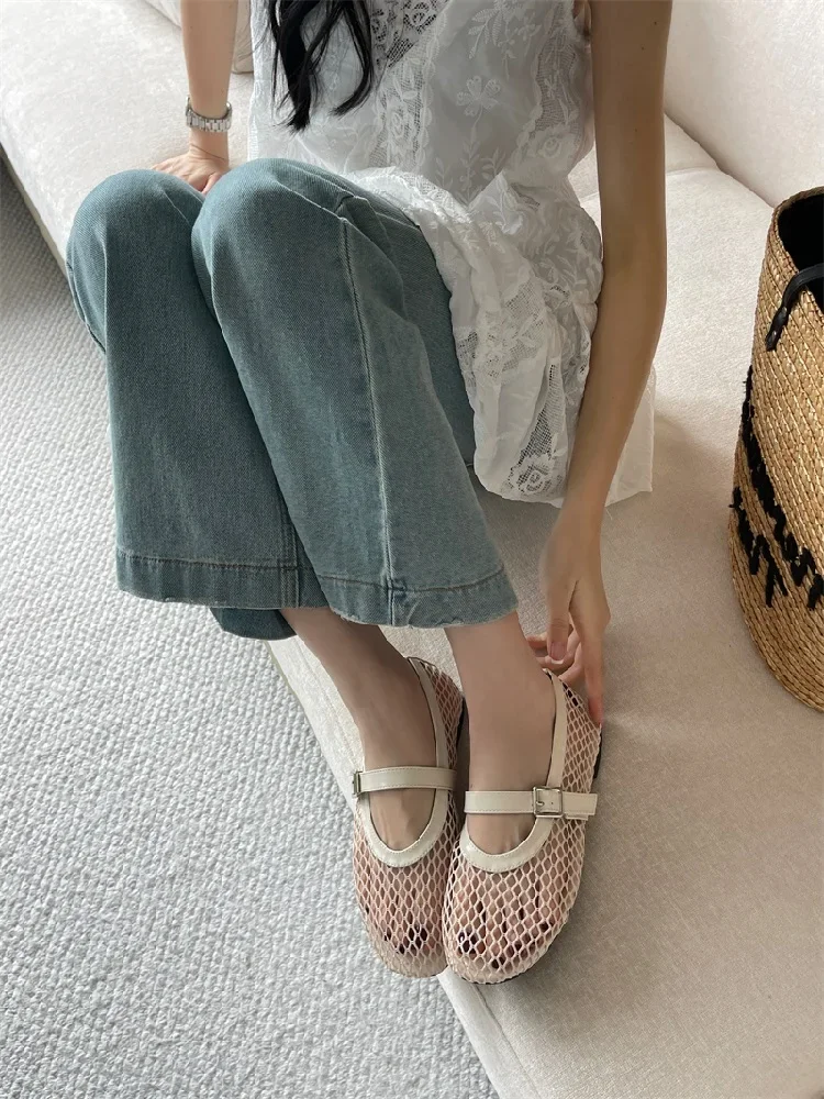 Eilyken Summer Designer Cosy Mesh Heels Women Flat Shoes Fashion Round Toe Buckle Strap Casual Outdoor Dress Sandals