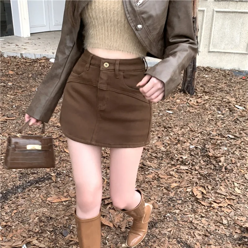 Thiened Fce High Waist A-Line Denim  Skirt Women's Autumn Winter New Sle Anti-Light Pants Skirt ort Skirt