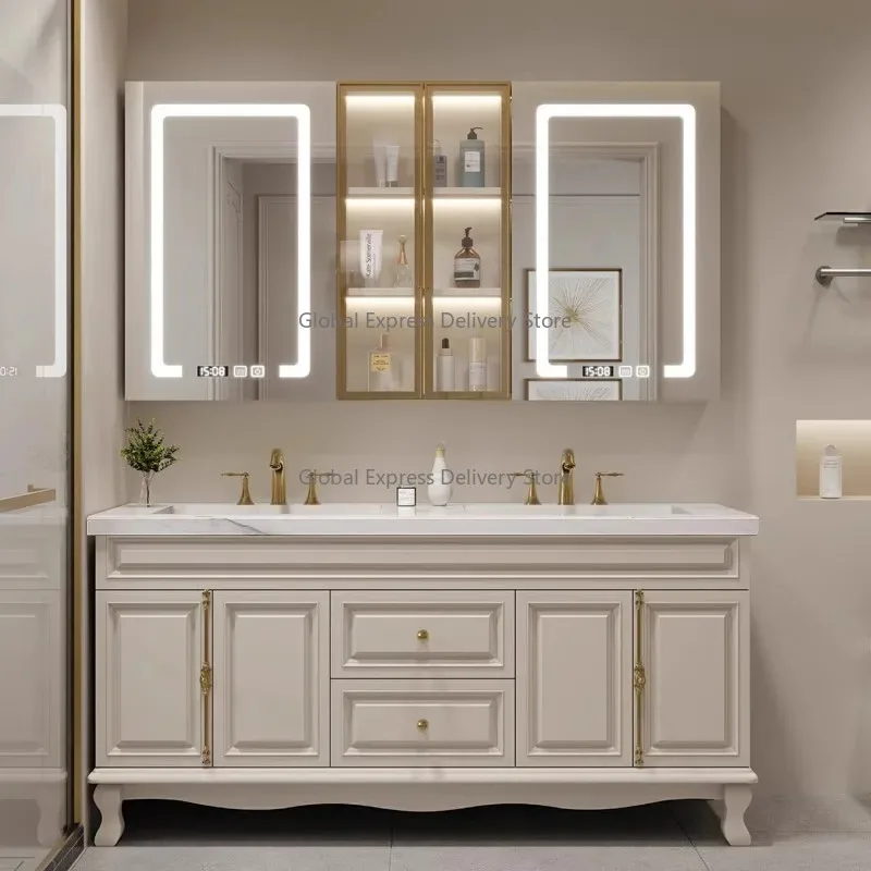

American Bathroom Cabinet Combination Oak Double Basin Cream Wind Bathroom Rock Slab Washstand Hand Washbasin Floor Cabinet