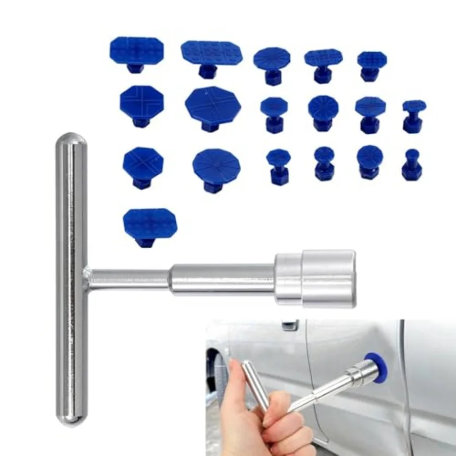 Car Dent Puller Tool, T-Shaped Puller Handle Lifter + 18 Suction Cups of Different Spec, Car Repair Accessory Blue and Silver