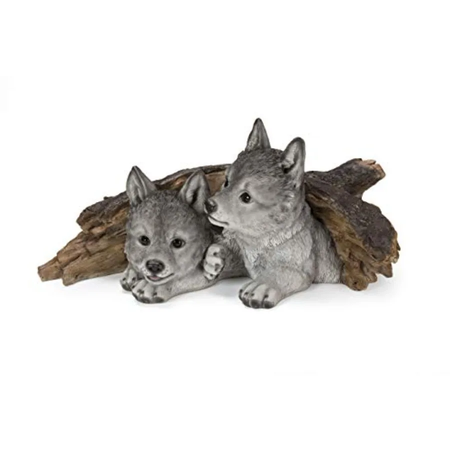 Gift Grey Wolf Cubs Hiding Under Log Statue: Indoor Decor, Resin, Grey, Realistic Wildlife Detail