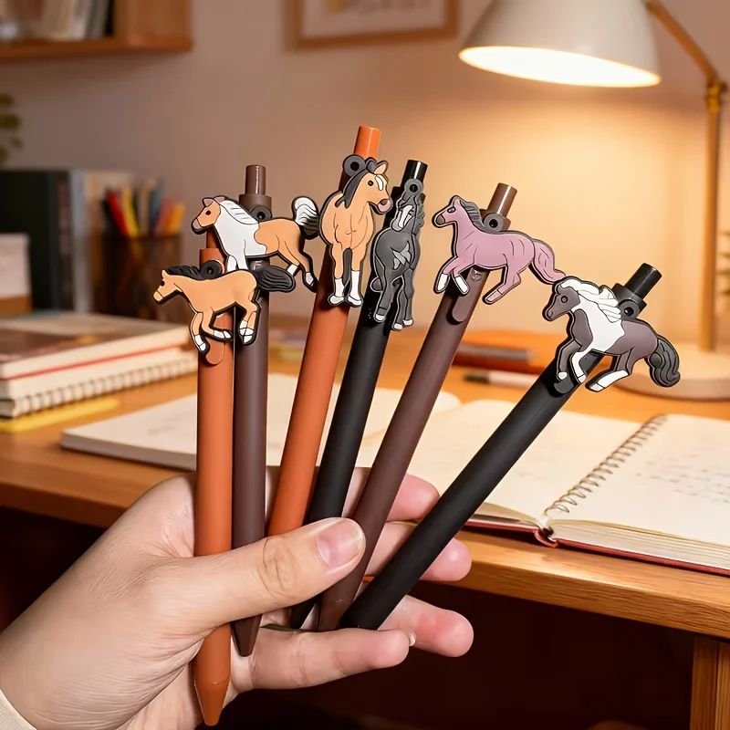 

6-Pack Random Style Horse-Themed Black Gel Pens, Cartoon Retractable 0.5mm Gel Pens, Limited Edition for the Year of the Horse, Smooth Writing for Students, Quick-Drying Black Ink for Exams