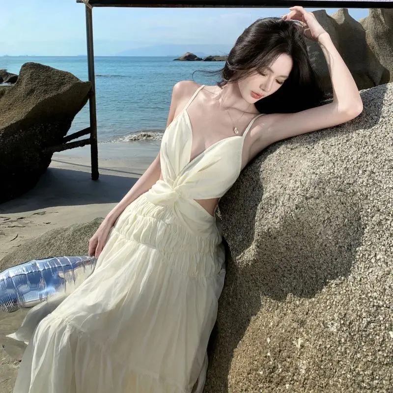 Coreia branco sexy midi vestidos femininos summer2025 com decote em v moda praia sólido sem costas vestido sem mangas estilingue festa de férias vestidos