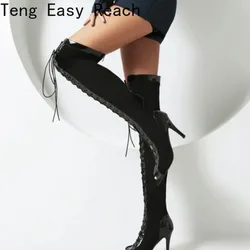 Black Heels Long Boots Women Summer Sexy Peep Toe Over The Knee High Boot Female Lace-up Nightclub Dance Party Shoes Big Size
