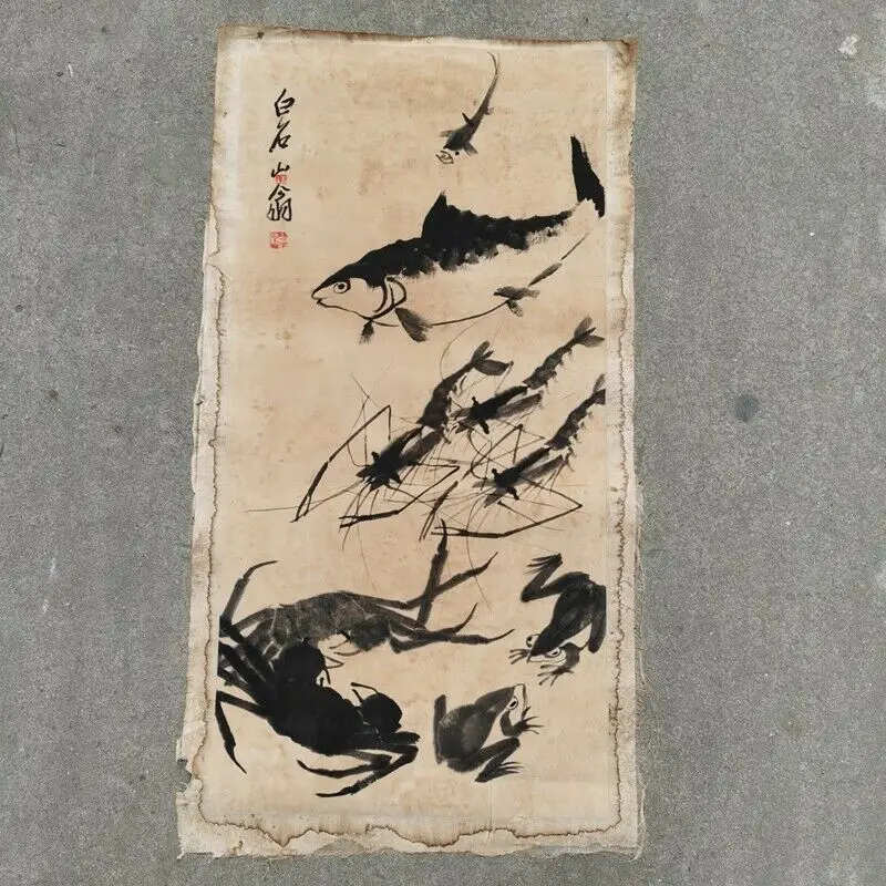 

Old Chinese Scroll painting Hand Painted "Qi Baishi fish shrim shrimp" Slice