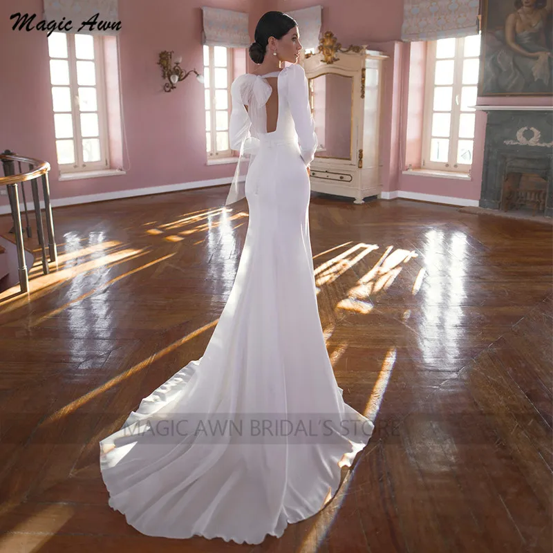 Magic Awn Long Sleeves Satin White Wedding Dresses Detachable Skirt Tulle Illusion Open Back Simple Bridal Gowns For Women Robes