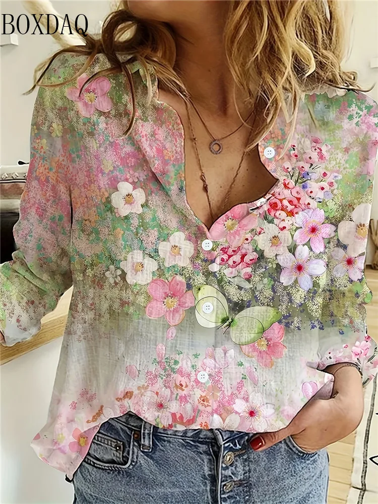 Vintage Flowers Pattern 3D Print Women Long Sleeve Shirts Autumn Women's Casual Daily Loose Button Holiday Shirt Women's Blouses