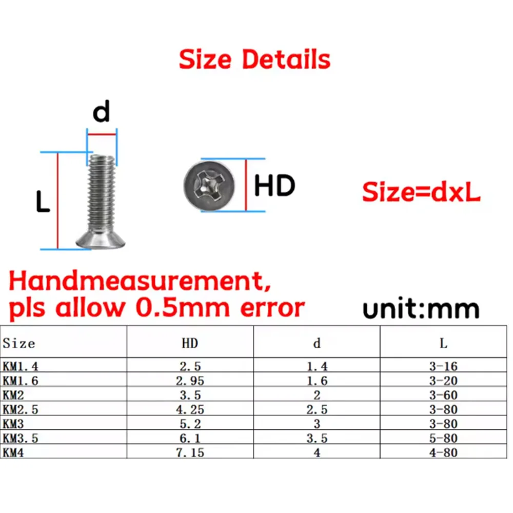 20/40/60/80/100pcs 304 Stainless Steel Cross Recessed Phillips Round Pan Screw M2 M2.5 M3 M4 Cross Countersunk Head Screws