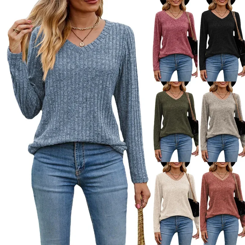 2023 Spring and Autumn Women's Fashion Commuter V-neck Brushed Pit Stripe Solid Color Long Sleeve Versatile Comfortable T-shirt