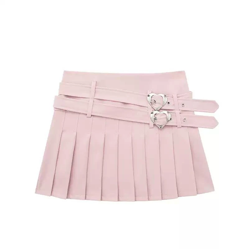 Bomon Spring/Summer Women's Clothing New Fashion Sweet Slim Pleated Skirt Cute Heart Belt Mini Street Short Skirt A-Line Skirt