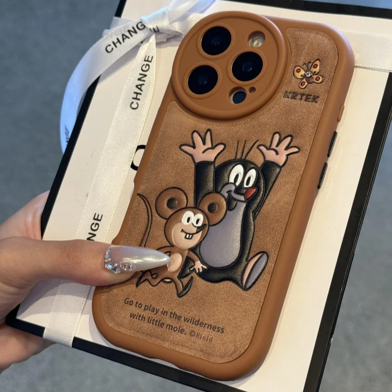 Circular hole three-dimensional leather pattern happy mole phone case For iPhone 13 14 15 16 pro max