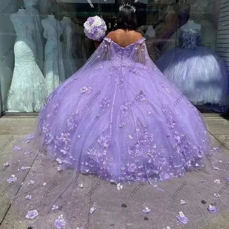 Vestido de baile roxo com capa, Vestidos Quinceanera, Flores Floral, Prom Party, Vestidos de noite, Vestido formal