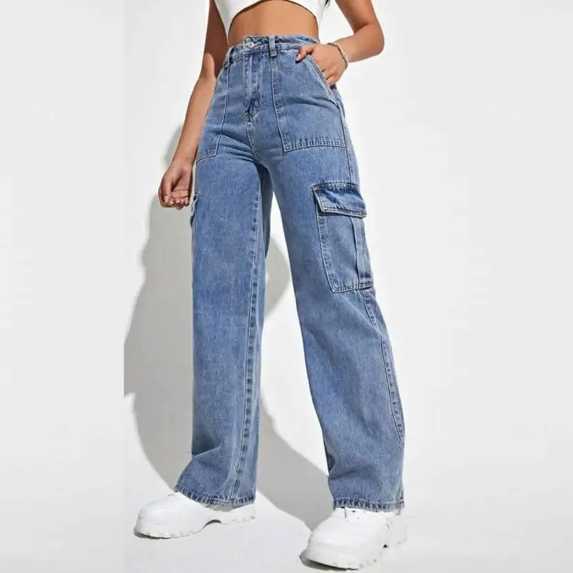 

2023 New Y2K Style Women's Straight Leg Jeans Fashion Multi Pocket Cargo Pants Street Casual Denim Trousers p907