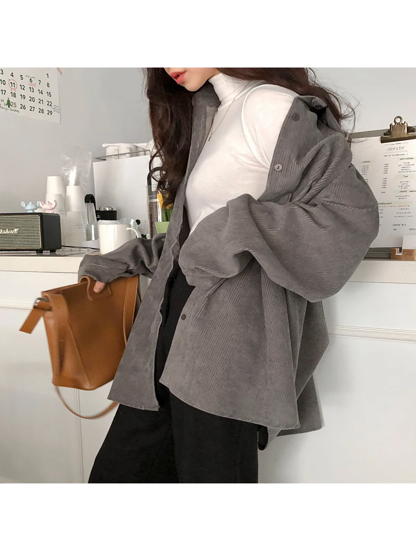 Frauen Herbst Langarm Beige Cord Hemd Mantel Übergroßen Tops Langarm Blusen Einreiher