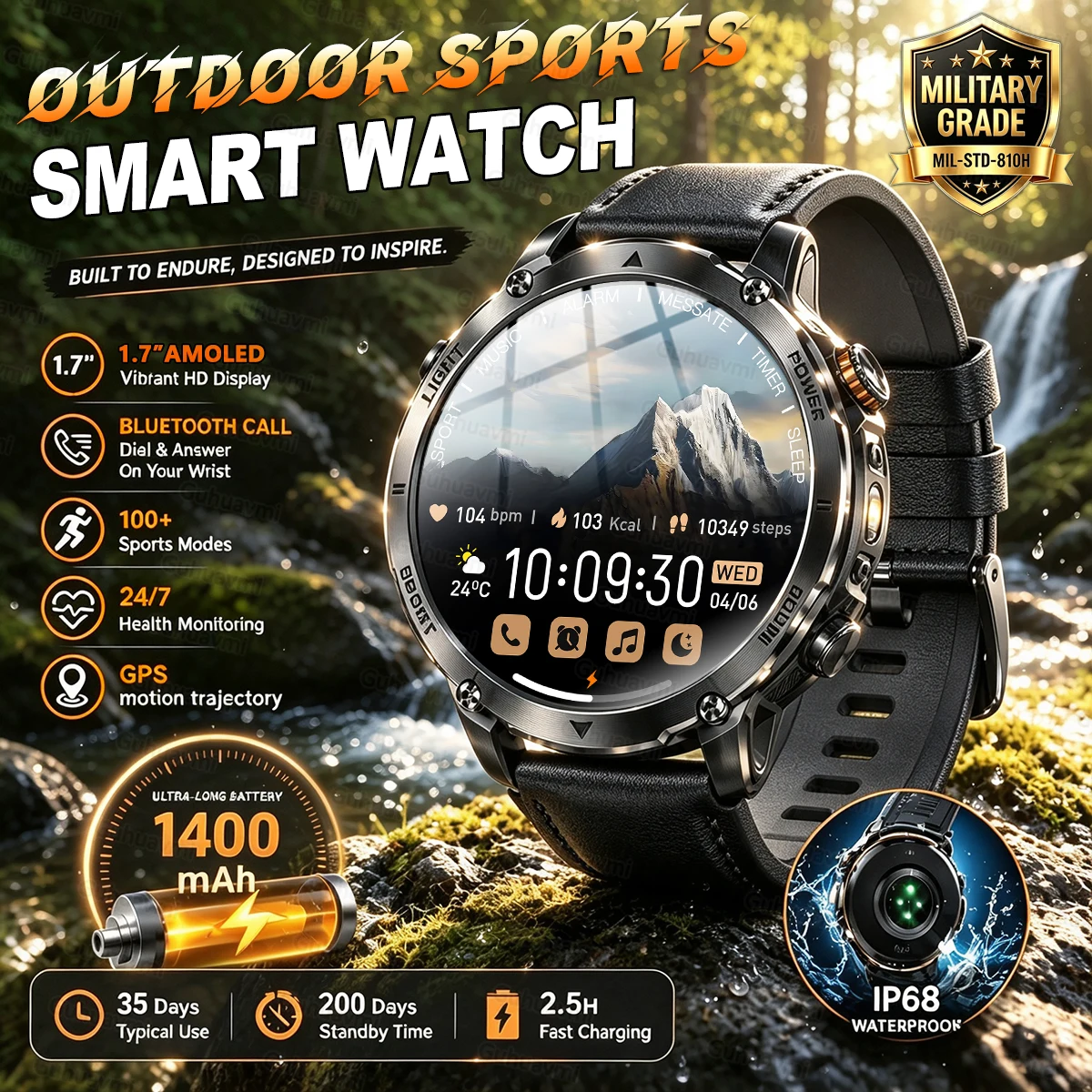 GUHUAVMI New 1400mAh Military Smart Watch For Men Women Waterproof Health Custom dial Flashlight Outdoor Sports Smart Watch Man