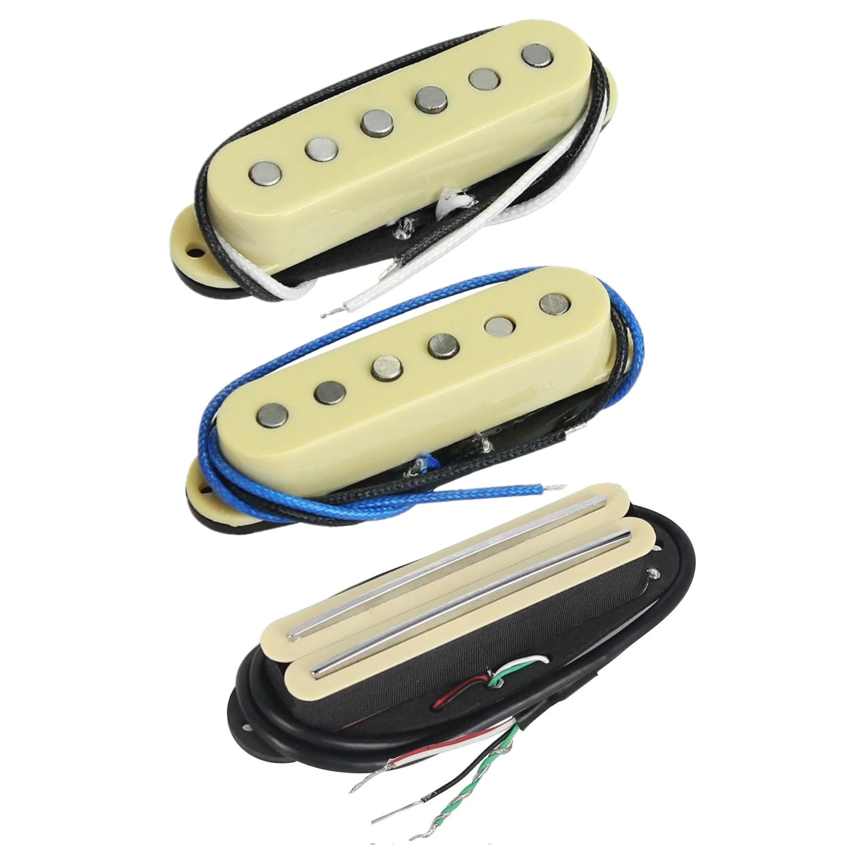 FLEOR 3pcs Cream Vintage Staggered Alnico 5 Guitar Single Coil Pickups 52mm & Dual Rails Pickup Set for SSS ST Electric Guitar