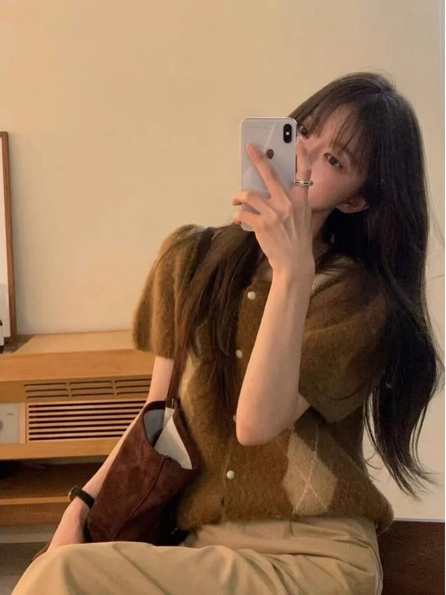 Retro Diamond Pattern Bubble Sleeve Knitted Cardigan Women's Short Style Layering Sweater Korean Style Woolen Autumn Winter N...
