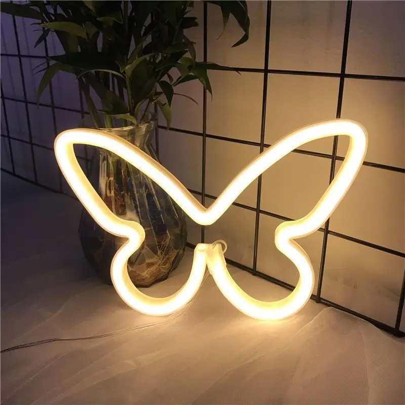 LED Butterfly Neon Sign Light USB/Battery Operated Night Light Wall Hanging Lamp Bulbs for Christmas Wedding Party Bedroom Decor