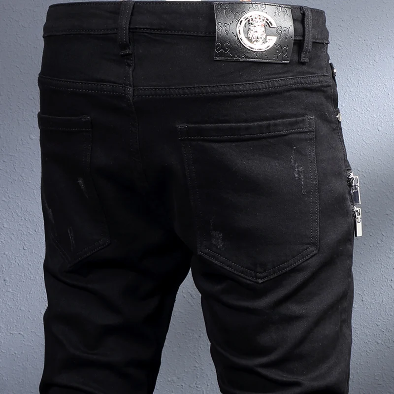 Jeans Hitam Mode Streetwear Celana Pensil Denim Punk Hip Hop Desainer Ritsleting Jeans Sobek Pas Badan Elastis Pria