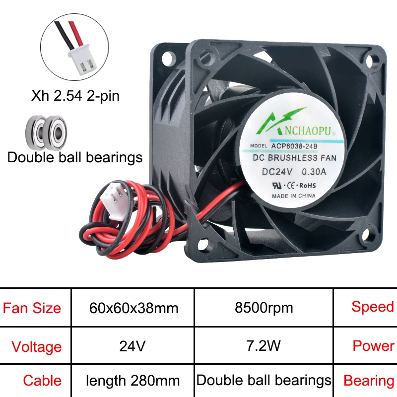 Wysokowydajny wentylator osiowy ACP6038 60x60x38mm 5V/12V/24V DC 2-Pin do chłodzenia zasilaczy serwerowych, komputerów i elektroniki. — zdjęcie produktu 6