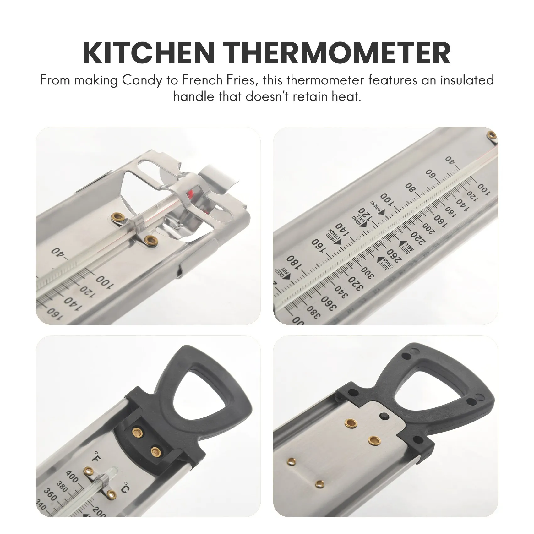 

A92P Candy/Jelly/Deep Fry Thermometer, Stainless Steel, With Pot Clip Attachment And Quick Reference Temperature Guide