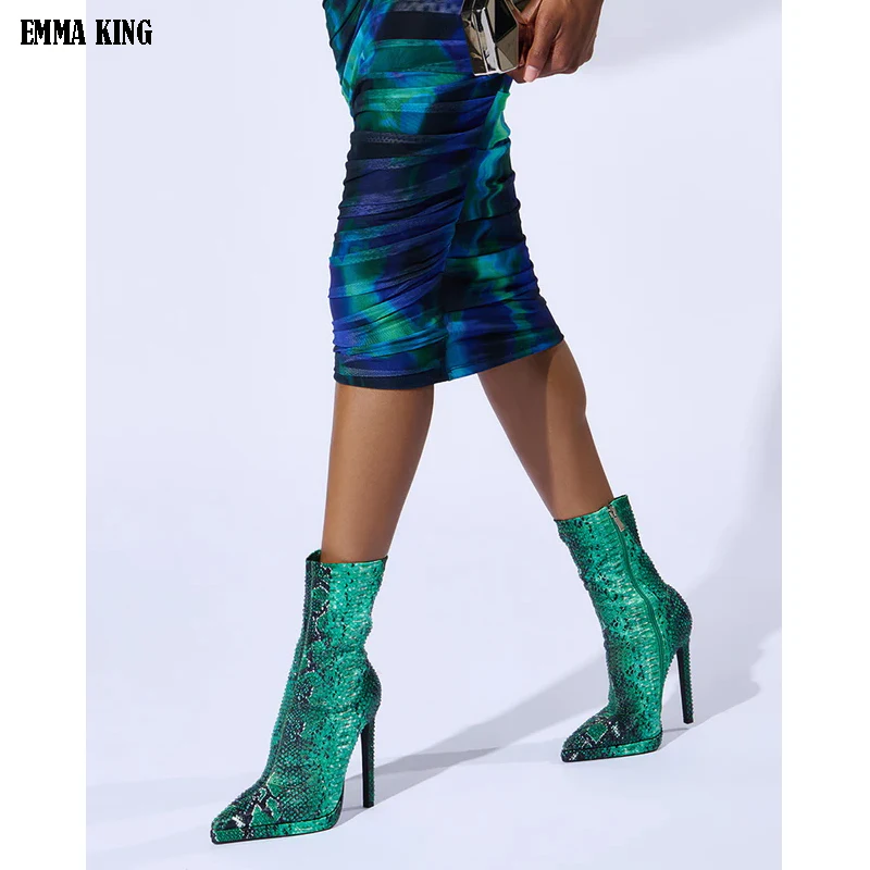 2025 Green Snake Skin Boots Women High Heels Thin Mid-calf Boot Crystal Pointed Toe Zip Pleated Slouch Shoes 44