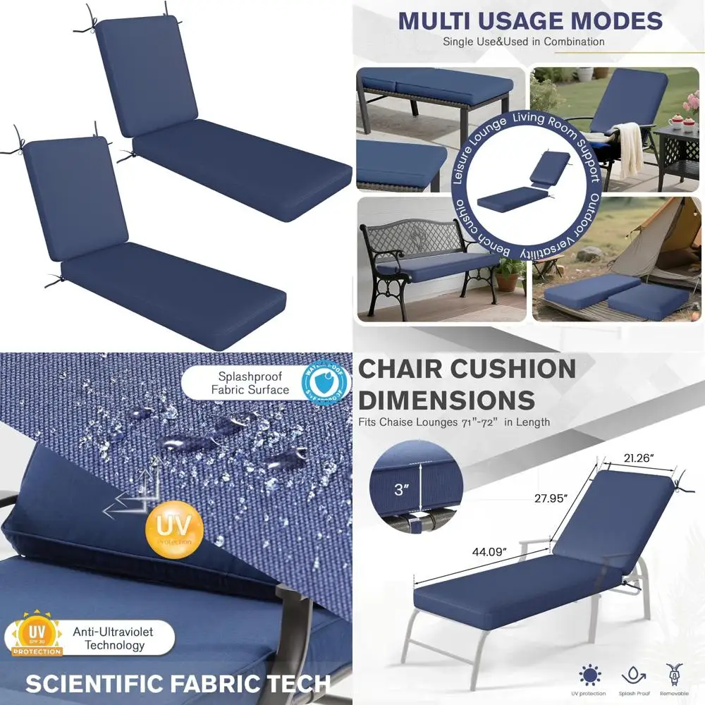 

set of 2 outdoor chaise lounge cushions, 72x21x3 inches, fade-resistant for patio furniture