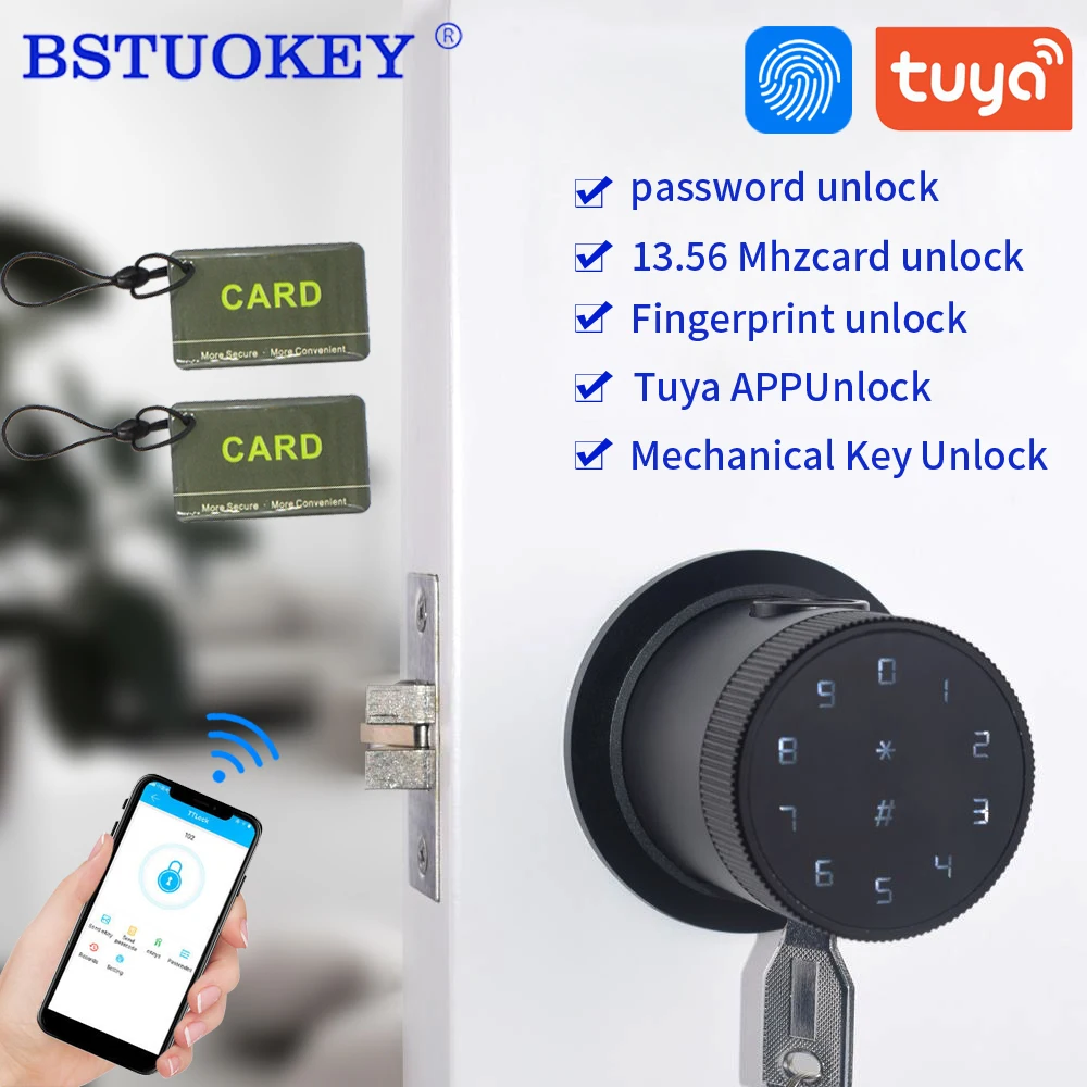 Intelligent Secure Anti-peep Code Touch Screen Tuya Bluetooth Fingerprint  Ball Handle  Lock  for 35mm to 55mm Wooden Iron Door