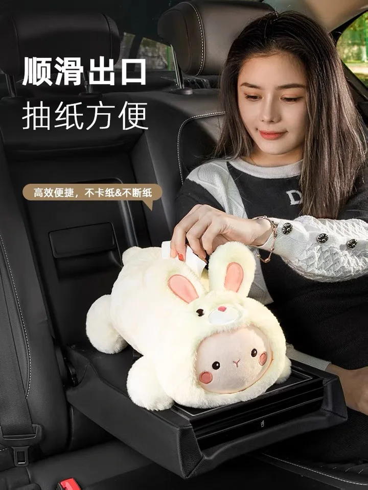 Cartoon Car Tissue Box Short Plush Car Tissue Holder Cute Rabbit Car Tissue Holder Box Plus Car Tissue Storage Car Interiors