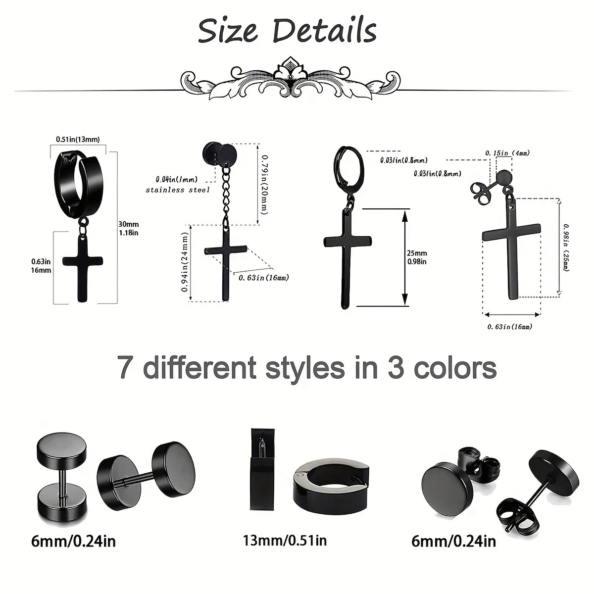 7 Pairs Stainless Steel Dangle Hoop Earrings For Men, Punk Cool Stud Earring