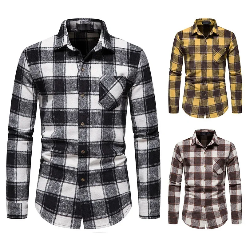 

New 2023 Winter Men's Long Sleeve Plaid Shirt Thickened Thermal Clothes Designer Korean Fashion Men's Street Dress Casual