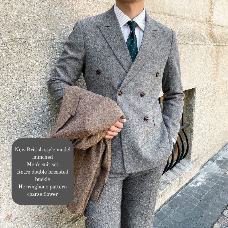 

British Style Retro Suit Men 2-piece Set Double Breasted Casual Slim Fit Herringbone Pattern, Coarse Tweed Formal Banquet Attire