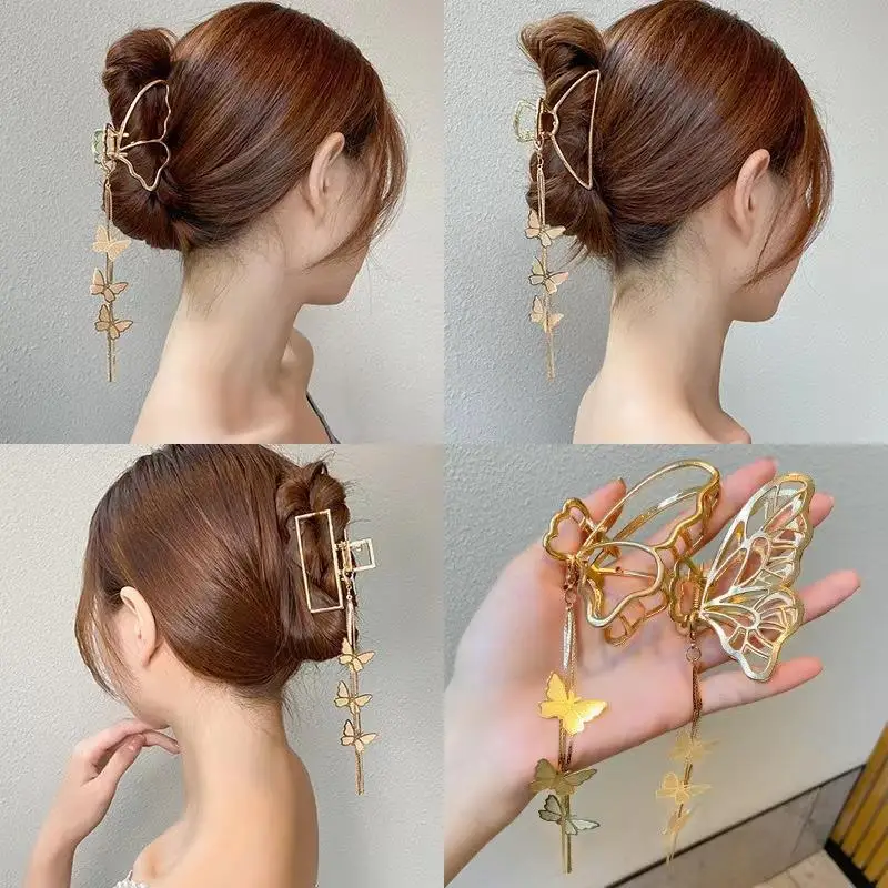 Golden Tassel Butterfly Hair Claw Clip Fashion Flower Makeup Wahing Face Hairpins for Women Girls Geometric Headwear Accessories