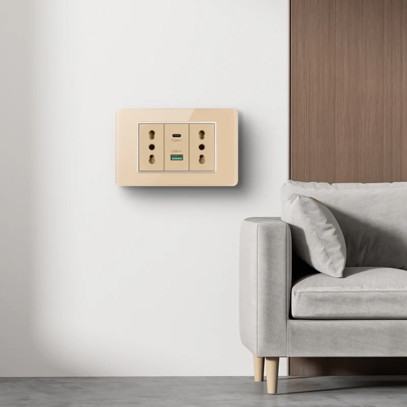 Picture 4: Glass Golden Italian Chilean switch Type-C fast charging 20W plastic panel light switch intelligent dual USB wall plug Eu plug e