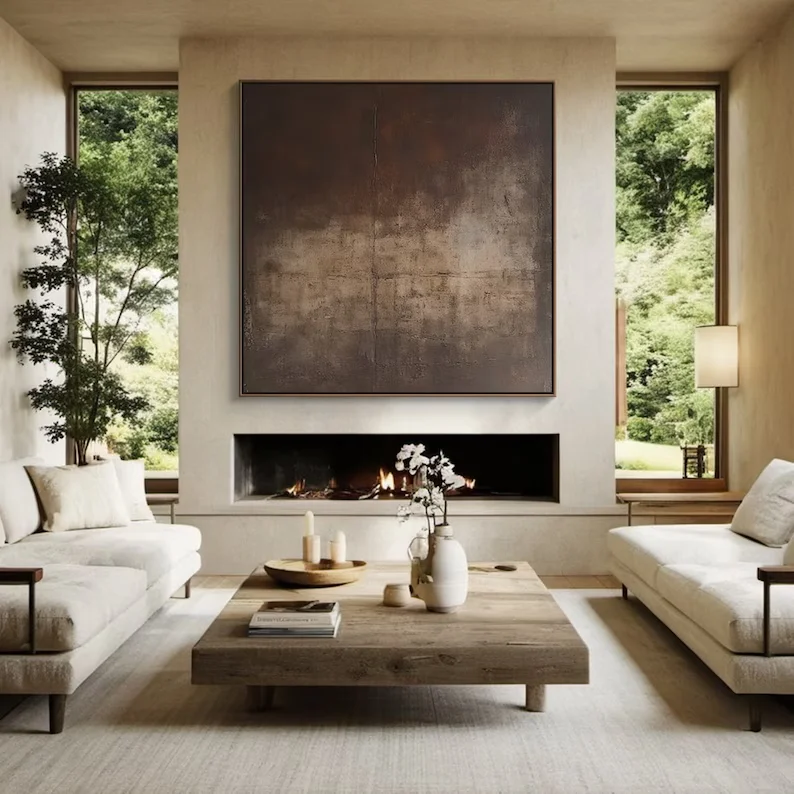 Modern Abstract Brown Oil Painting Wabi-sabi Textured Neutral Hand-drawn Canvas Wall Art