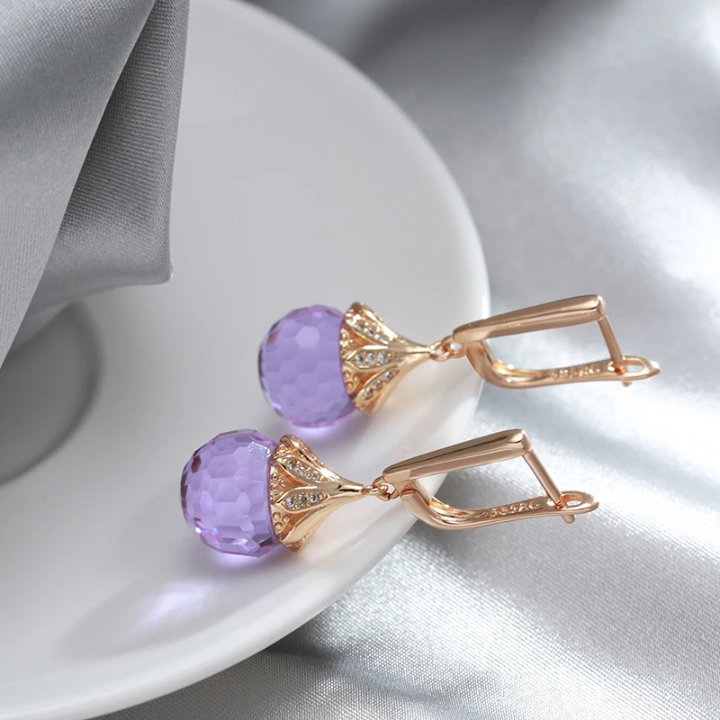 Kinel New Fashion 585 Rose Gold Round Purple Crystal Ball Drop Earrings For Women Wedding Party Luxury Trendy Daily Jewelry