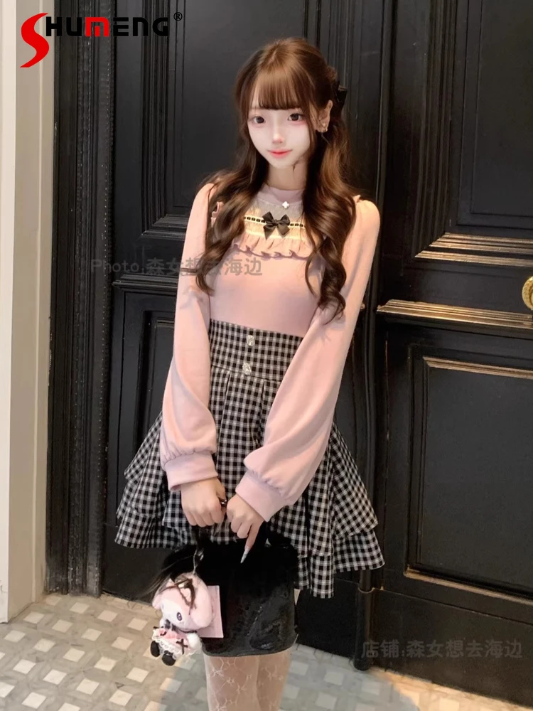 

Japanese Mines Style Elegant Sweet Lace Round Neck Bow Long Sleeve High Waist Patchwork Plaid Short Dress for Women Spring 2026