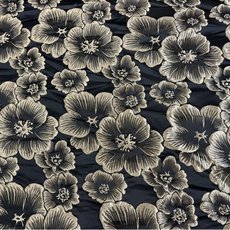 

Golden Thread Flower Jacquard Fabric Retro Black Background High Quality Crisp Womens Dresses Tablecloth Home Design DIY Fabrics