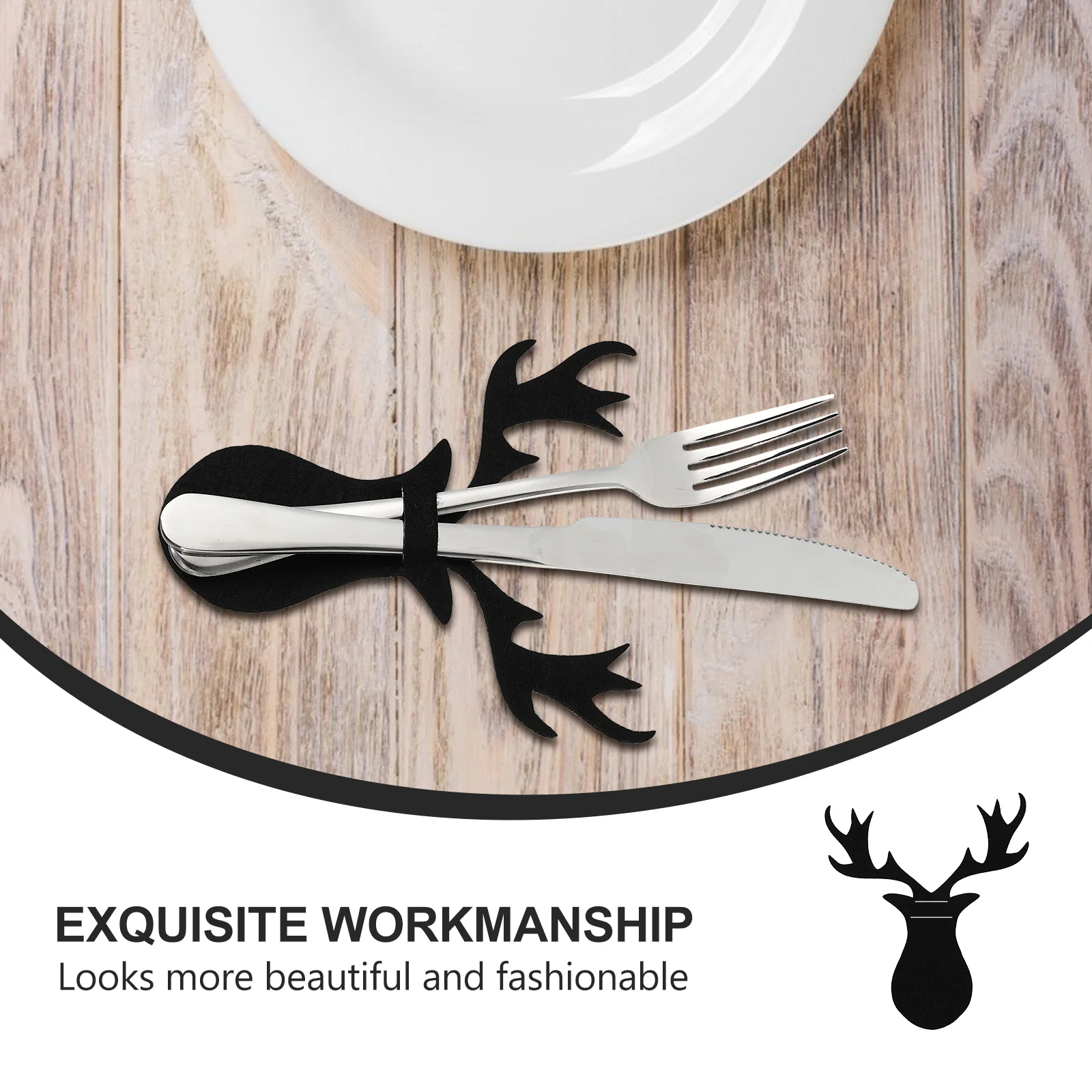 8 PCS Christmas Cutlery Bag Fork Cover Tableware Dinning Decor Set Elk Head Holder Black Xmas