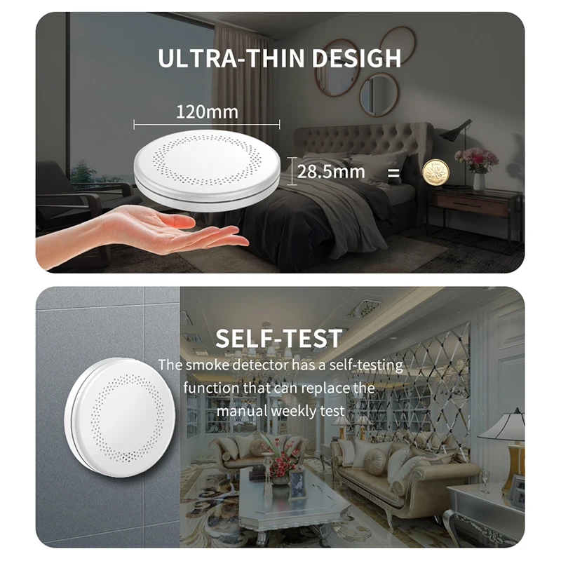 Detector de humo de seguridad inteligente Tuya, función WiFi de diseño ultrafino, alarma de sonido para cocina, dispositivo de alerta con Sensor de