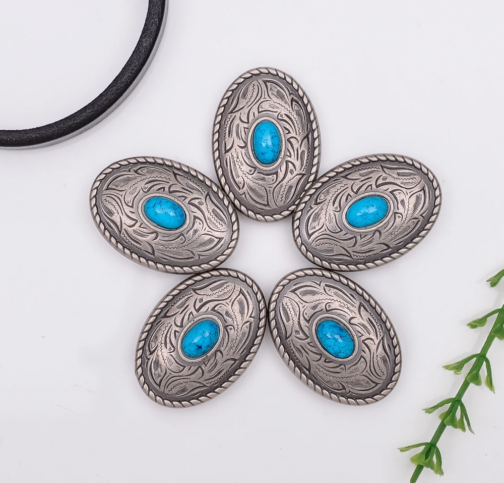 10pcs 35X25mm Vintage Silver Western Turquoise Oval Parade Leather Conchos For Leathercraft Wallet Chain Belt Purse Decoration